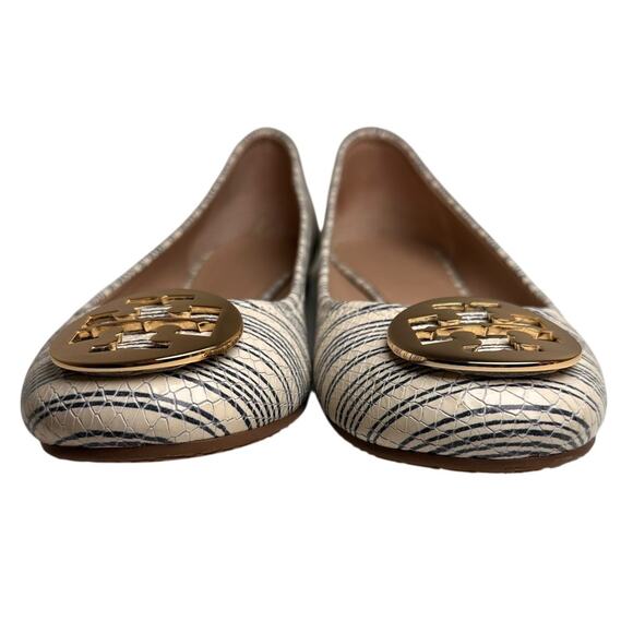 Tory Burch White Blue Striped Snake Leather Gold Logo Reva Ballet Flats Sz 11 M - Picture 5 of 15